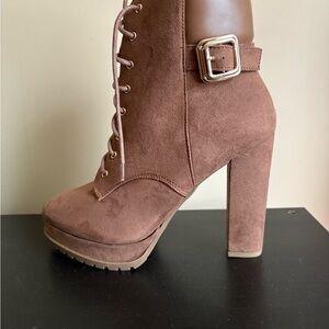JustFab Brown Suede Lace-Up Platform Ankle Boot with Buckle